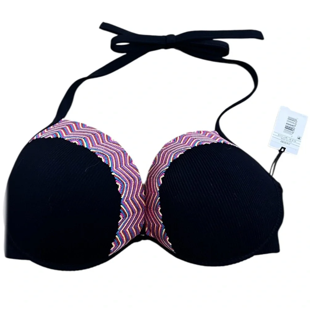Shade & Shore Black Push Up Halter Bikini Top Chevron Trim NWT
